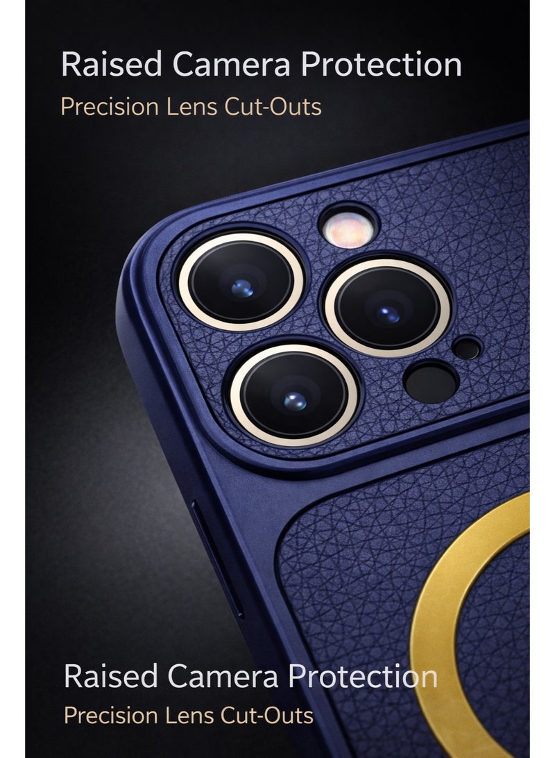 iPhone 16 Pro Max Magnetic Wireless Charging Case – Executive Navy Blue Leather Texture Cover with Gold Ring, Slim Shockproof Back, Premium Camera Protection - Image 4